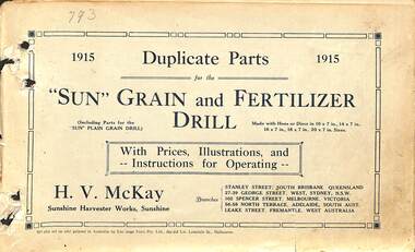 Manual - Sunshine Harvester Mckay Massey Harris - List of duplicate parts with illustrations for the Sungrain And Fertilizer Drill, H.V. McKAY SUNSHINE HAVERSTER WORKS, 1915