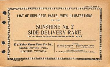 Manual - Sunshine Harvester Mckay Massey Harris - List of duplicate parts with illustrations for the Sunshine No 2 Side Delivery Rake, SUNSHINE HARVESTER PRESS