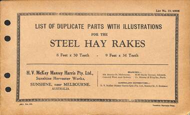 Manual - Sunshine Harvester Mckay Massey Harris - List of duplicate parts with illustrations for the Steel Hay Rakes 8 Feet x 30 Teeth & 9 Feet x 34 Teeth, SUNSHINE HARVESTER PRESS