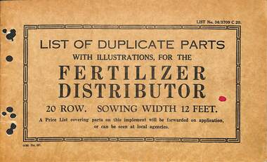 Manual - Sunshine Harvester McKay Massey Harris - List of duplicate parts with illustrations for the Fertilizer Distributor 20 Row Sowing Width 12 Feet, SUNSHINE HARVESTER PRESS