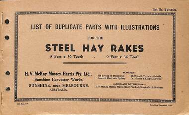 Manual - Sunshine Harvester Mckay Massey Harris - List of duplicate parts with illustrations for the Steel Hay Rakes 8 Feet x 30 teeth & 9 Feet x 34 Teeth, SUNSHINE HARVESTER PRESS