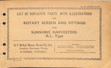 Manual - Sunshine Harvester Mckay Massey Harris - List of duplicate parts with illustrations for the Rotary Screen And Fittings For Sunshne Harvester AL Type, SUNSHINE HARVESTER PRESS