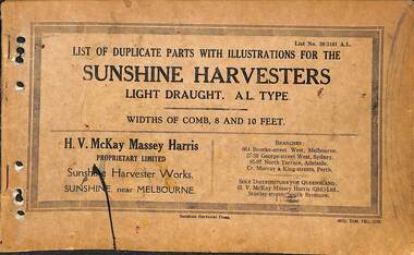 Manual - SUNSHINE HARVESTER WORKS - LIST OF DUPLICATE PARTS WITH ILLUSTRATIONS FOR THE SUNSHINE HARVESTERS LIGHT DRAUGHT A.L. TYPE WIDTHS OF COMB, 8 AND 10 FEET, SUNSHINE HARVESTER PRESS, 11658