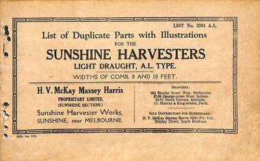 Manual - SUNSHINE HARVESTER WORKS - LIST OF DUPLICATE PARTS, WITH ILLUSTRATIONS FOR THE SUNSHINE HARVESTERS LIGHT DRAUGHT A.L. TYPES, SUNSHINE HARVESTER PRESS