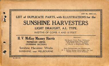 Manual - SUNSHINE HARVESTER WORKS - LIST OF DUPLICATE PARTS WITH ILLUSTRATIONS FOR THE SUNSHINE HARVESTERS LIGHT DRAUGHT A.L. TYPE, SUNSHINE HARVESTER PRESS
