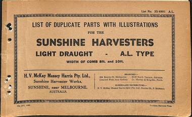 Manual - SUNSHINE HARVESTER WORKS LIST OF DUPLICATE PARTS WITH ILLUSTRATIONS FOR THE SUNSHINE HARVESTERS LIGHT DRAUGHT A.L. TYPE, SUNSHINE HARVESTER PRESS