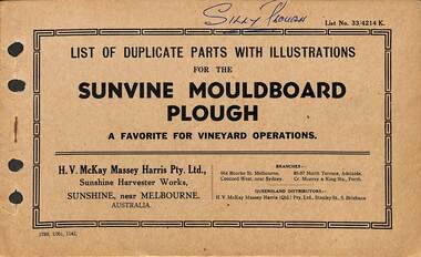 Manual - Sunshine Harvester Mckay Massey Harris - List of duplicate parts with illustrations for the Sunshine Mould Board Plough, SUNSHINE HARVESTER PRESS