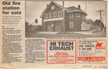 Article - Sunshine Fire Station, 21/04/1993 12:00:00 AM