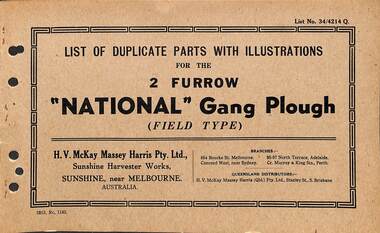 Manual - Sunshine Harvester Mckay Massey Harris - List of duplicate parts with illustrations for the 2 Furrow National Gang Plough, H. V. McKay Massey Harris Pty. Ltd