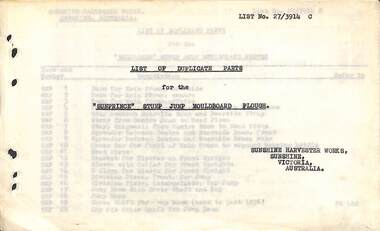 Manual - Sunshine Harvester Mckay Massey Harris - List of duplicate parts with illustrations for the Sunprince Stump Jump Mouldboard Plough, H. V. McKay Massey Harris Pty. Ltd