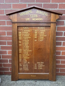 Honour Board - Sunshine Bowling Club Life Members Honour Board