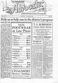 Memorabilia - Sunshine Advocate First Edition Front Page 1st March 1924, C.G.Carlton and Co, 1 March, 1924