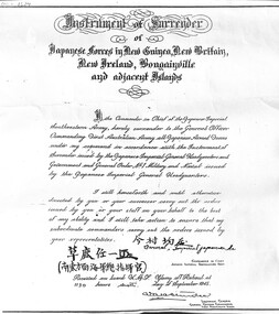 Document - Instrument of Surrender of Japanese Forces in New Guinea, New Britain, New Ireland, Bougainville and adjacent Islands, 6/09/1945 12:00:00 AM