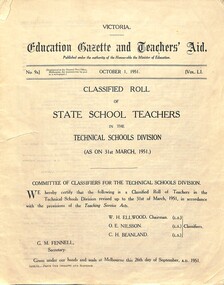 Administrative record - "Victoria / Education Gazette and Teachers' Aid / Classified Roll of State School Teachers in the / Technical Schools Division", 1/10/1951 12:00:00 AM