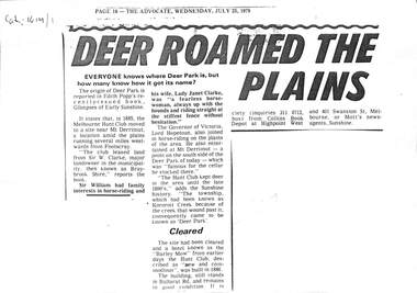 Article - Aspects of history of Deer Park New hall at Deer Park and The Hunt Club, The Sunshine Advocate, 1935 and 1979