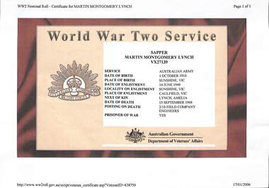 Archive - World War II Service of Martin Montgomery Lynch and related events, Compiled by family