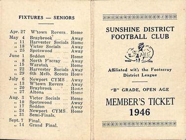 Ephemera - Sunshine District Football Club Members Ticket 1946 and Programme, 1946