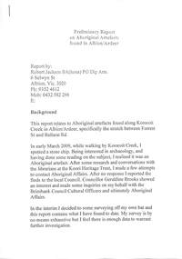 Document - Preliminary Report on Aboriginal artefacts found in Albion and Ardeer, Robert Jackson, Prob. 2013