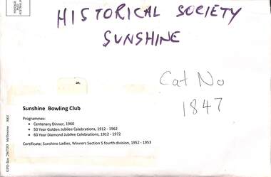 Ephemera - Sunshine Bowling Club Centenary Dinner, 50th & 60th Anniversary Programmes & Certificates