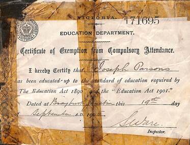 Certificate - Certificate of Exemption Education Joseph Parsons dated 19 September 1905, 38596