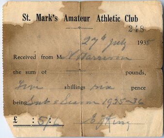Ephemera - St Mark's Athletic Club Ticket & Receipt, Jul 1935 & May 1933