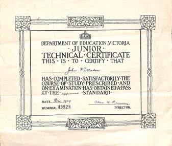 Certificate - John Willaton Junior Technical School Certificate, 1949