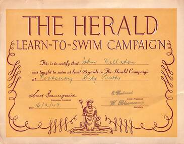 Certificate - John Willaton Swimming Certificate belonging to John Willaton while at Sunshine Technical School for Herald Learn to Swim Campaign 1949, 1949