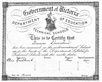 Certificate - Francis Dunstone Certificates from Sunshine Technical School 1930 & 1931, 1930s - 1968