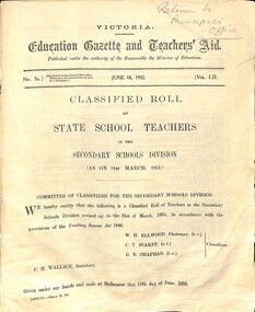 Administrative record - "Victoria / Education Gazette and Teachers' Aid / Classified Roll of State School Teachers / Secondary Schools Division", 23/08/1943 12:00:00 AM
