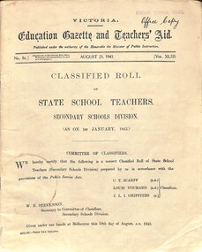 Administrative record - "Victoria / Education Gazette and Teachers' Aid / Classified Roll of State School Teachers / Secondary Schools Division", 18/06/1952 12:00:00 AM
