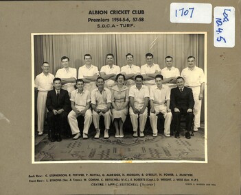 Photograph - Albion Cricket Club Premiers 1954 1955 1956 1957 1958 SDCA TURF, Original photograph probably taken c1958