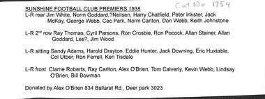 Photograph - Sunshine Football Club Premiers 1938, 1938
