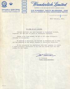 Letter - To Whom it May Concern Reference issued to Wieslaw Zielinski on leaving Wunderlich Limited Sunshine in 1969, Willaton Fred