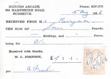 Ephemera - Morton Arcade Sunshine - 3 X Receipts for shop located in the arcade, 1954 - 1956