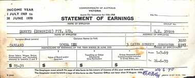 Archive - Donna Carland's Statement of Earnings Income Tax Certificate 1969 - 1970, 1969 - 1970