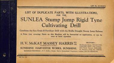 Manual - Sunshine Harvester McKay Massey Harris - List of duplicate parts with illustrations for the SUNLEA Stump Jump Rigid Tyne Cultivating Drill, H.V. McKay Massey Harris Pty. Ltd