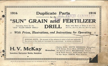 Manual - Sunshine Harvester Mckay Massey Harris - List of duplicate parts with illustrations for the  Sun Grain and Fertilizer Drill, H.V. McKay Massy Harris Pty. Ltd, 42461