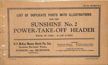 Manual - Sunshine Harvester Mckay Massey Harris - List of duplicate parts with illustrations for the Sunshine No. 2 Power Take Off Header, SUNSHINE HARVESTER PRESS