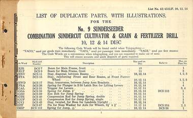 Manual - Sunshine Harvester Mckay Massey Harris - List of duplicate parts with illustrations for the List of duplicate parts with illustratrations for the No. 9 Sunseeder Combination Sundercut Cultivator and Grain and Fertilizer Drill 10, 12 & 14 DIsc, H.V. McKay Massey Harris Pty. Ltd