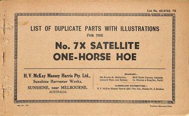Manual - Sunshine Harvester Mckay Massey Harris - List of duplicate parts with illustrations for the No 7X Satellite One Horse Hoe, SUNSHINE HARVESTER PRESS