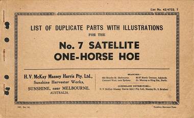 Manual - Sunshine Harvester McKay Massey Harris - List of duplicate parts with illustrations for the No. 7 Satellite One-Horse Hoe, Sunhsine Harvester Press