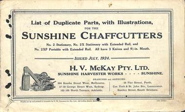 Manual - Sunshine Harvester McKay Massey Harris - List of duplicate parts with illustrations for the Sunshine Chaffcutters, No. 2 Stationary , No. 2X Stationary with Extended Rail and No 2XP Portable with Extended Rail, D.W. Paterson Co.Pty. Ltd, 45474