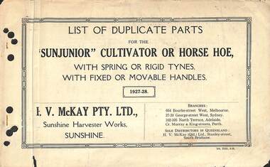 Manual - Sunshine Harvester McKay Massey Harris - List of duplicate parts for the SUNJUNIOR Cultuvator or Horse Hoe with spring or rigid tynes with fixed movable handles, H.V. McKay Massey Harris Pty. Ltd, 1927-28