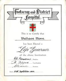 Certificate - Footscray and District Hospital Life Governor Certificate