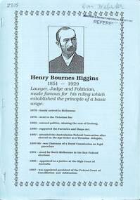 Booklet - Henry Bourne Higgins 1851 to 1929, Tom Rigg, 1999