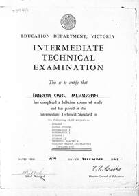 Certificate - Robert Carl Merrington Technical School Certificates