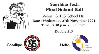Ephemera - Sunshine Technical School Final School Ball Ticket