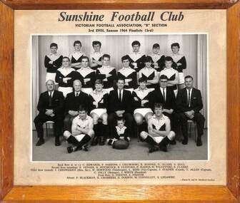 Photograph - Sunshine Football Club Victorian Football Association "B" Section 3rd VXIII Season 1964 Finalist (3rd) Team Photo, R. & R. Mudford Studios