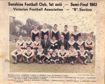 Photograph - Sunshine Football Club 1st XVIII Semi Final 1963 Victorian Football Association "B" Section Team Photo, R. & R. Mudford Studios Sunshine