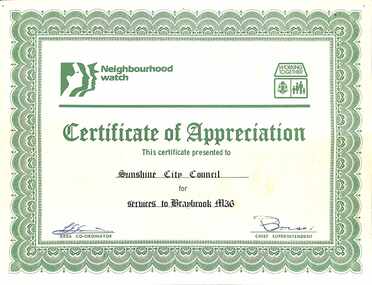 Certificate - Neighbourhood Watch Certificates of Apprieciation presented to the Sunshine City Council